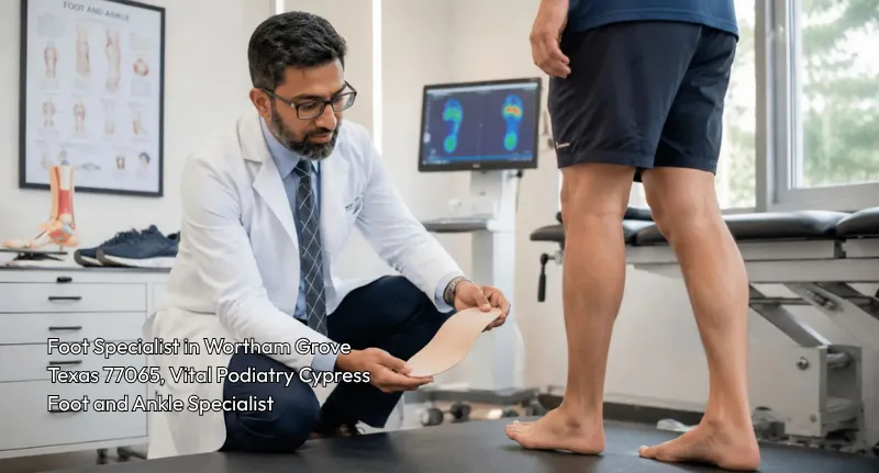 A foot specialist cypress holding a custom orthotic shoe insert while evaluating a patient standing nearby.