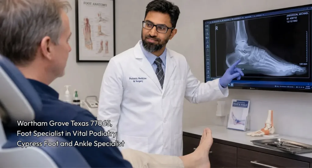 A foot specialist cypress pointing to a digital foot x-ray on a monitor screen during a medical consultation. 
