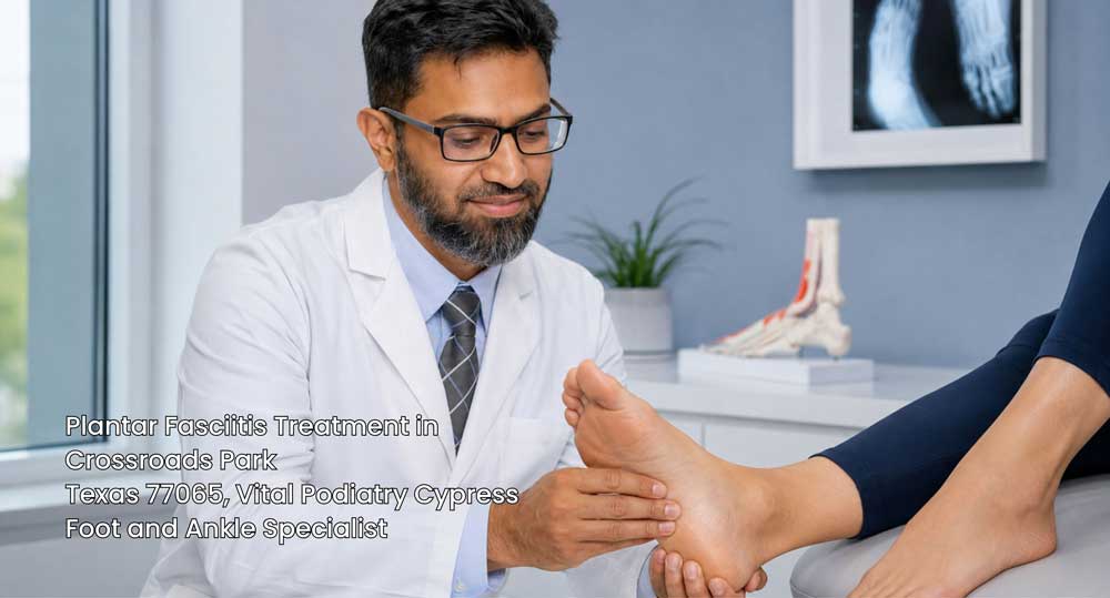 Doctor performing hands-on heel assessment for personalized plantar fasciitis treatment Cypress area foot clinic.