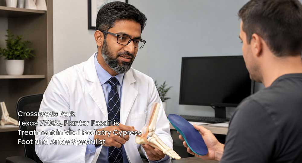 Podiatrist showing foot model and custom orthotic insert for plantar fasciitis treatment Cypress consultations.