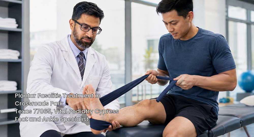 Physical therapist guiding resistance band foot stretch for plantar fasciitis treatment Cypress patients rely on.