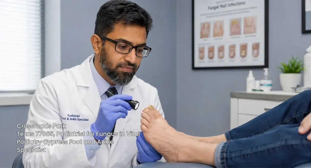 Professional podiatrist for fungus in Cypress examining a patient's infected toenail with a medical light.