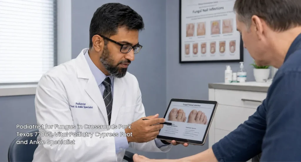 Experienced podiatrist for fungus in Cypress explaining toenail treatment options to a patient on a tablet.