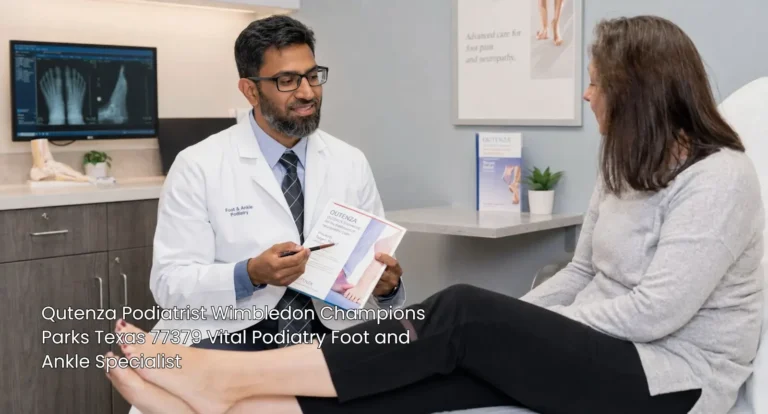 A top-rated Qutenza podiatrist in Houston explaining treatment brochure options to a patient during a consultation.