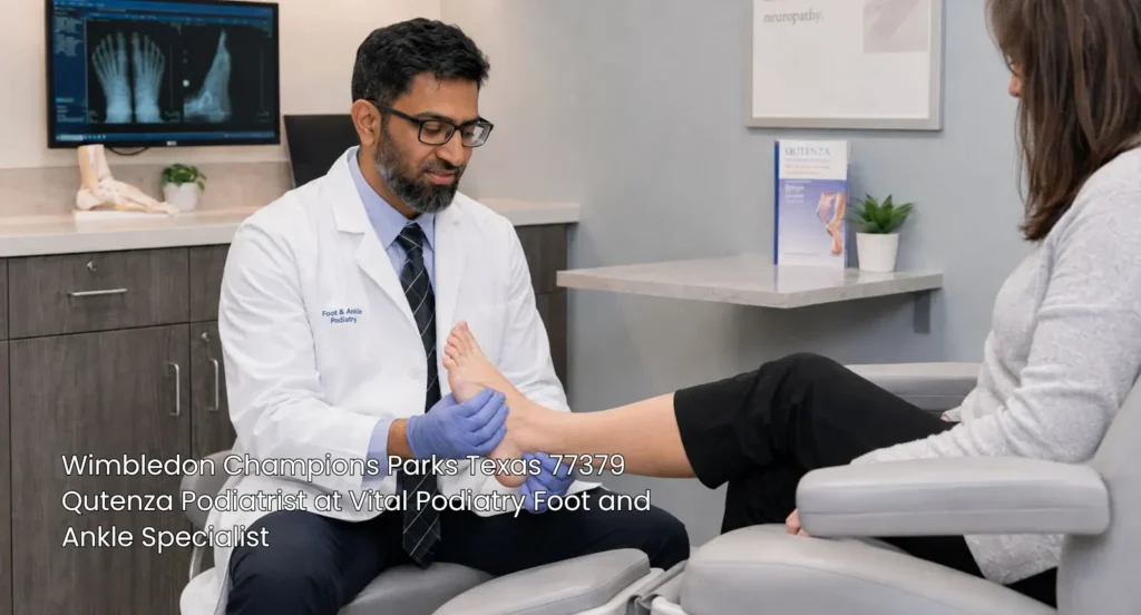 An expert Qutenza podiatrist in Houston examining a female patient's foot for diabetic neuropathy in a clinic setting.