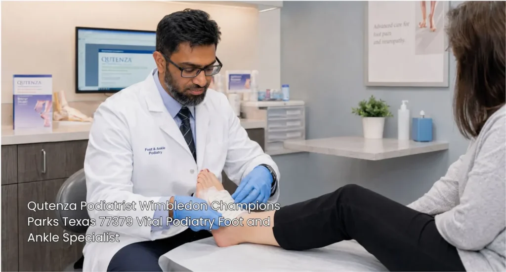 A Qutenza podiatrist in Houston applying a topical patch to a patient's foot for nerve pain relief during treatment.