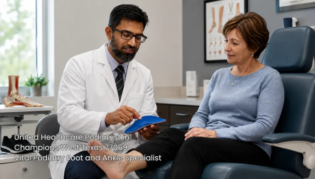 United Healthcare podiatrist in Houston showing custom orthotic insoles to a patient at Vital Podiatry Champions West.