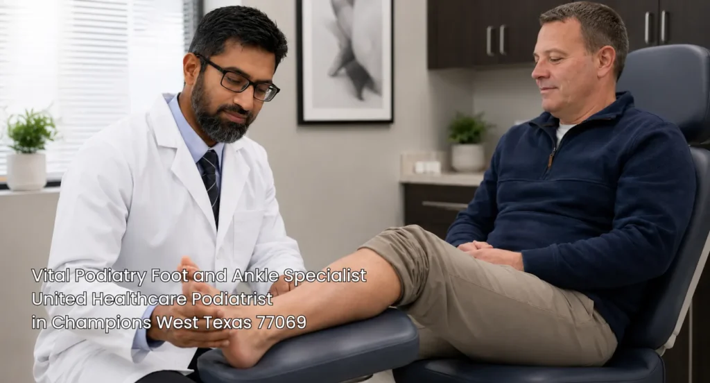 Trusted United Healthcare podiatrist in Houston performing a detailed foot exam for a male patient in Champions West.