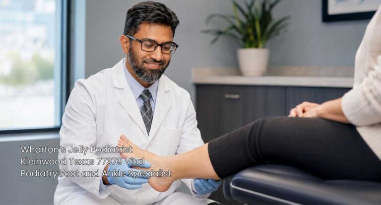 Wharton’s Jelly podiatrist Houston wearing gloves while examining a patient’s foot during a medical consultation.