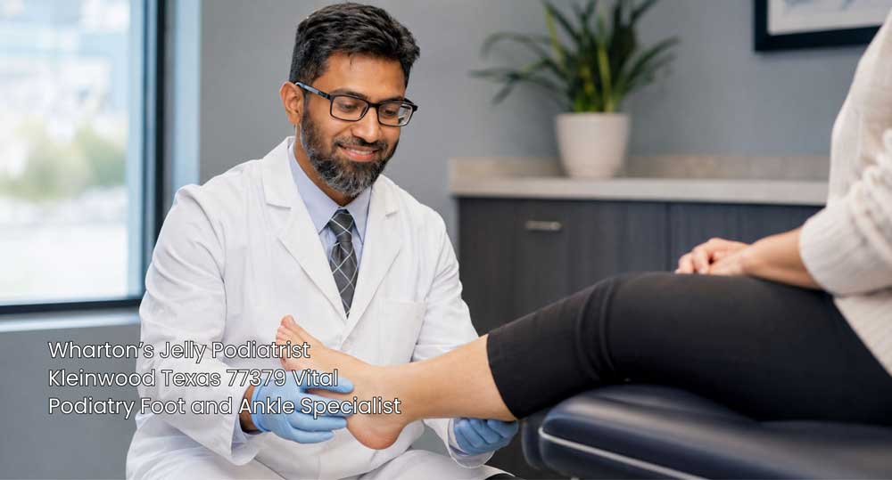Wharton’s Jelly podiatrist Houston wearing gloves while examining a patient’s foot during a medical consultation.