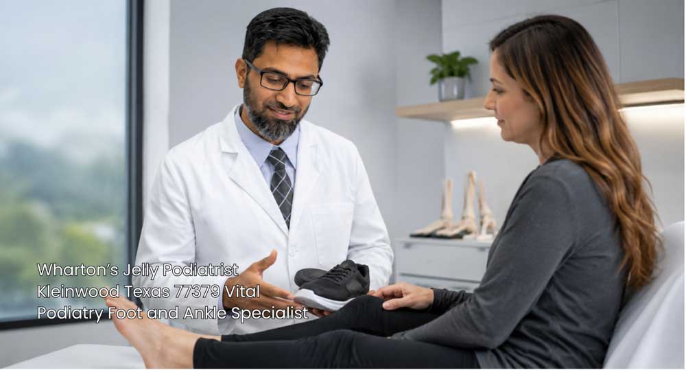 Wharton’s Jelly podiatrist Houston specialist examining a female patient's athletic footwear during a foot checkup.