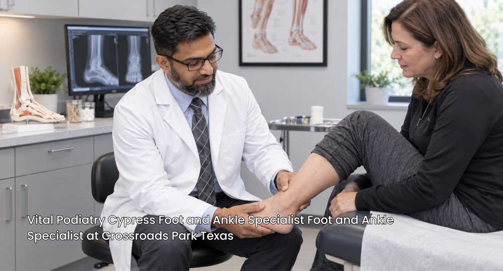 Foot and ankle specialist Cypress examining a female patient's foot and ankle during a clinic consultation.