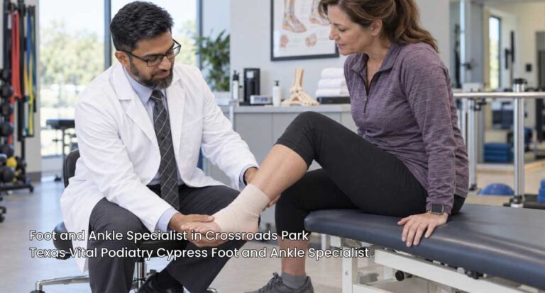 Foot and ankle specialist Cypress inspecting a female patient's wrapped ankle in a podiatry examination room.