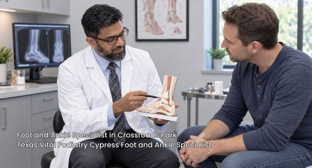 Foot and ankle specialist Cypress explaining foot anatomy to a patient using an anatomical model during a consult.