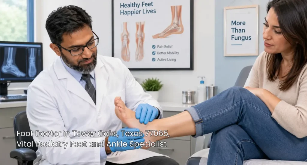 A male foot doctor in Tower Oaks, Texas, examining a patient’s foot during a podiatry checkup at Vital Podiatry.