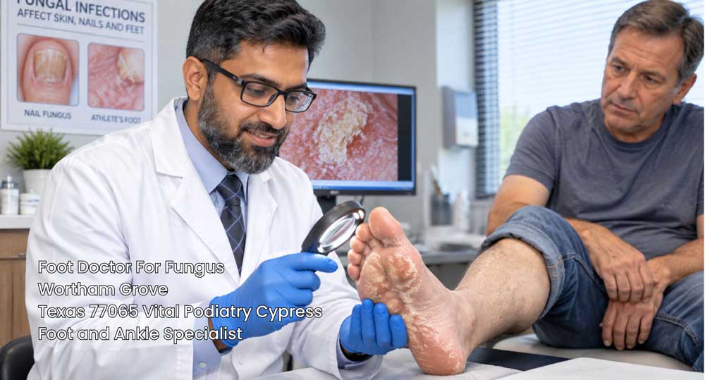 A professional foot doctor for fungus Cypress inspecting a patient's infected foot using a magnifying glass.