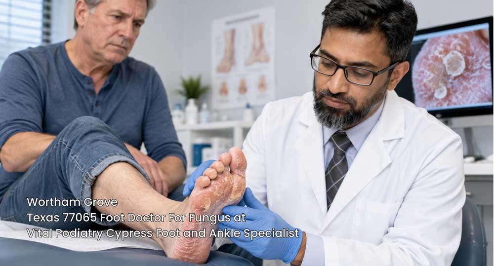 A trusted foot doctor for fungus Cypress providing a hands-on podiatry examination for a fungal infection.
