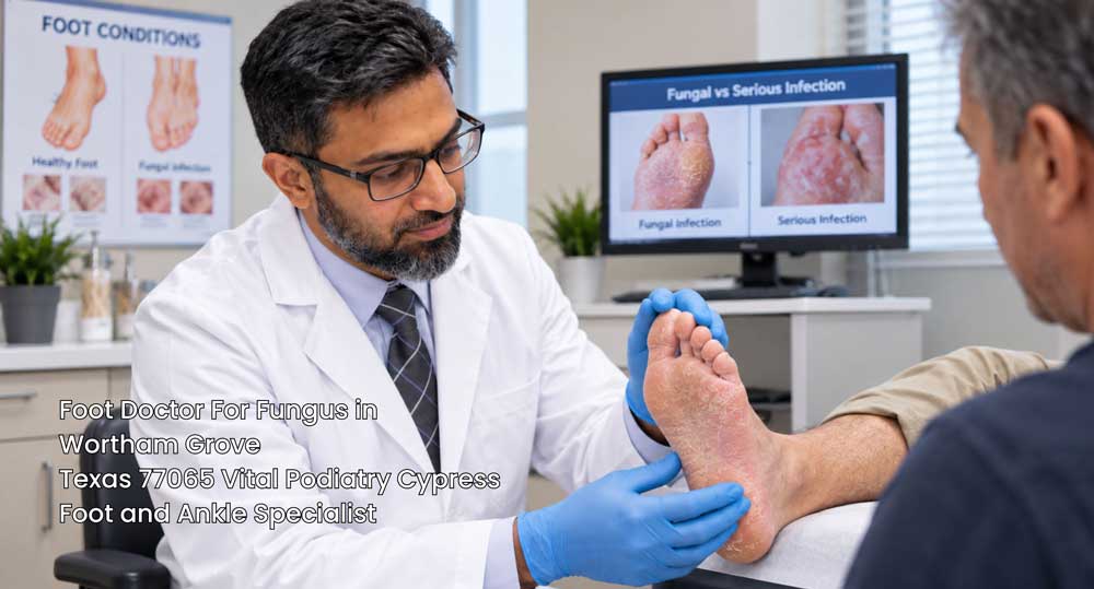 A expert foot doctor for fungus Cypress carefully examining a male patient's foot sole during a clinical exam.