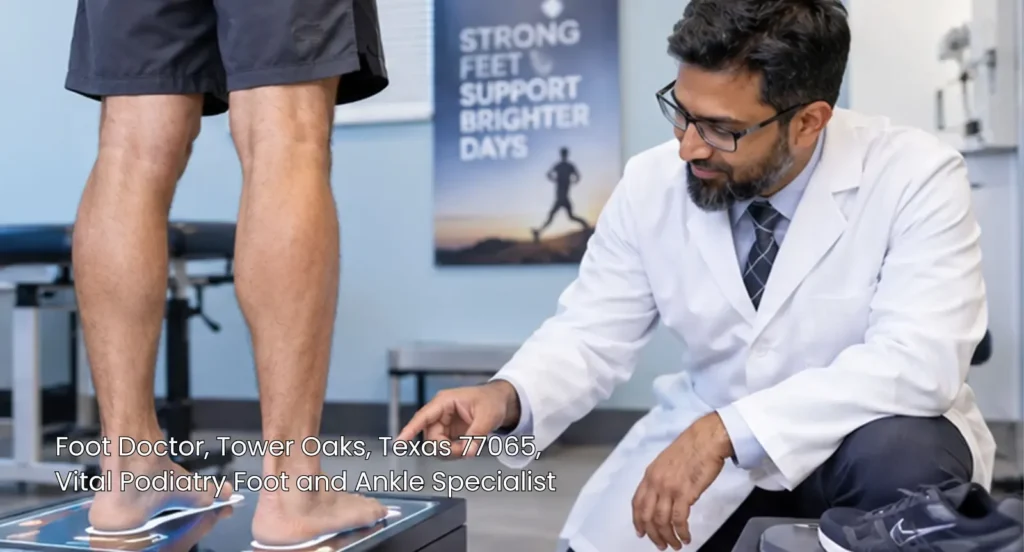A professional foot doctor in Texas evaluating a patient's foot alignment and posture during a podiatry exam. 