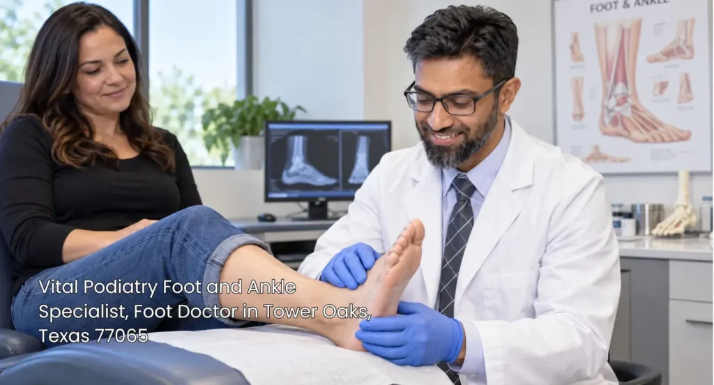 A foot doctor at Vital Podiatry performing a foot exam on a female patient in Tower Oaks, Texas 77065 clinic. 