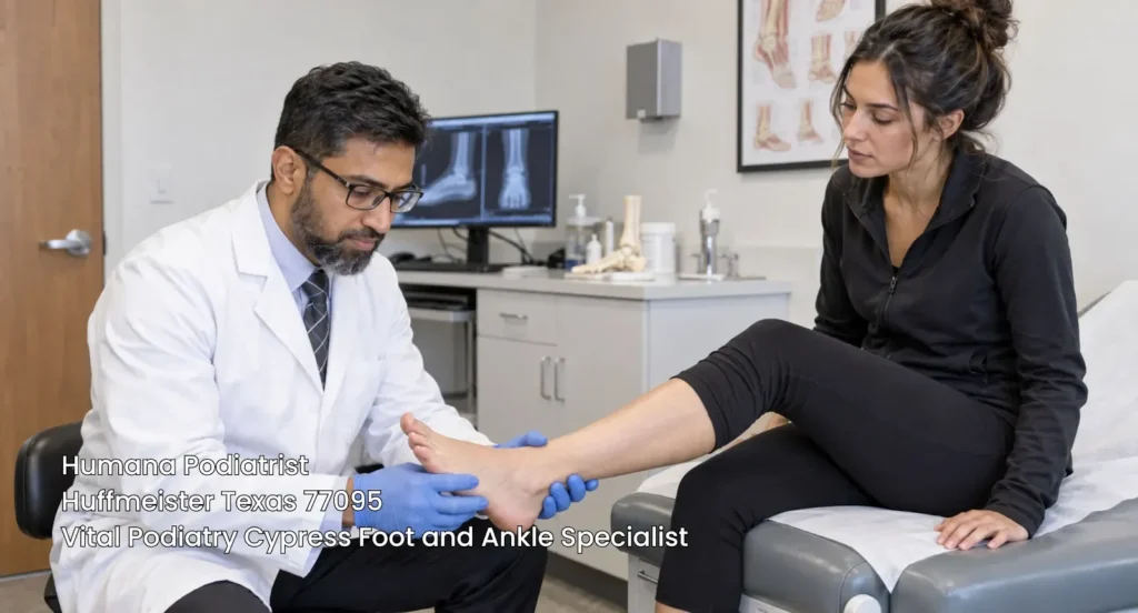 Humana podiatrist examining patient's ankle at Vital Podiatry Cypress Foot and Ankle Specialist near Huffmeister Texas 77095.