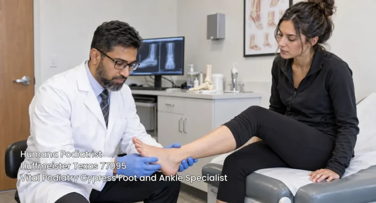Humana podiatrist examining patient's ankle at Vital Podiatry Cypress Foot and Ankle Specialist near Huffmeister Texas 77095.