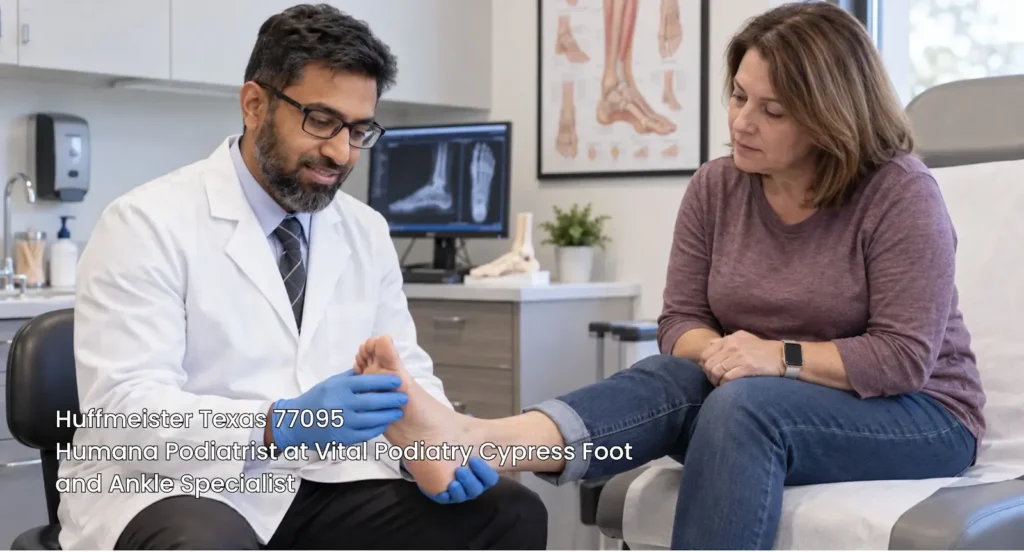 Humana podiatrist at Vital Podiatry Cypress Foot and Ankle Specialist examining a patient's foot in Huffmeister Texas 77095.