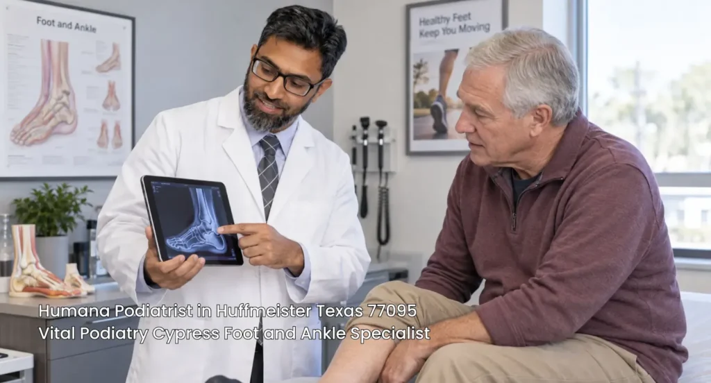 Humana podiatrist at Vital Podiatry Cypress Foot and Ankle Specialist showing a foot X-ray to a patient in Huffmeister TX 77095.