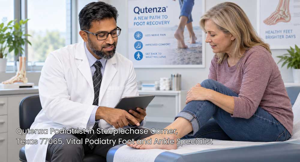 A Qutenza podiatrist Houston expert reviewing nerve pain recovery treatment results on a tablet with his patient.