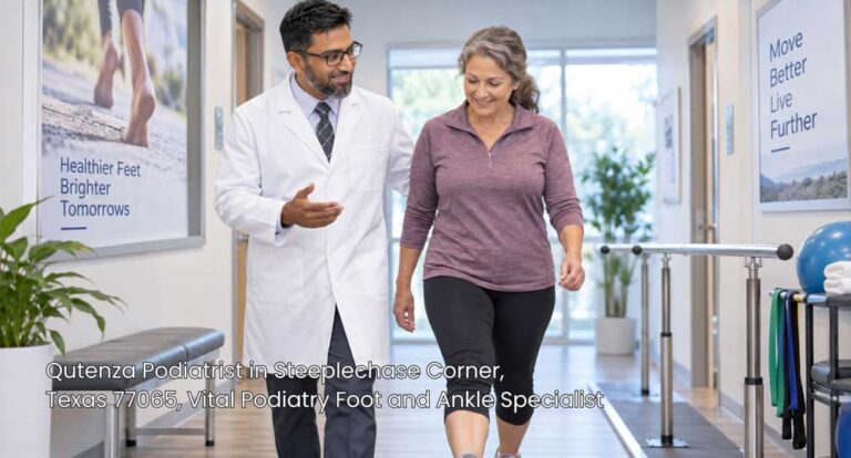 A patient walking comfortably alongside a top Qutenza podiatrist Houston specialist during foot recovery therapy.