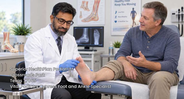 Superior HealthPlan podiatrist examining a patient's foot at Vital Podiatry Cypress Foot and Ankle Specialist TX 77065.