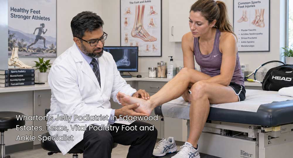 Wharton’s Jelly podiatrist Houston checking a female patient's heel injury for non-surgical sports recovery.