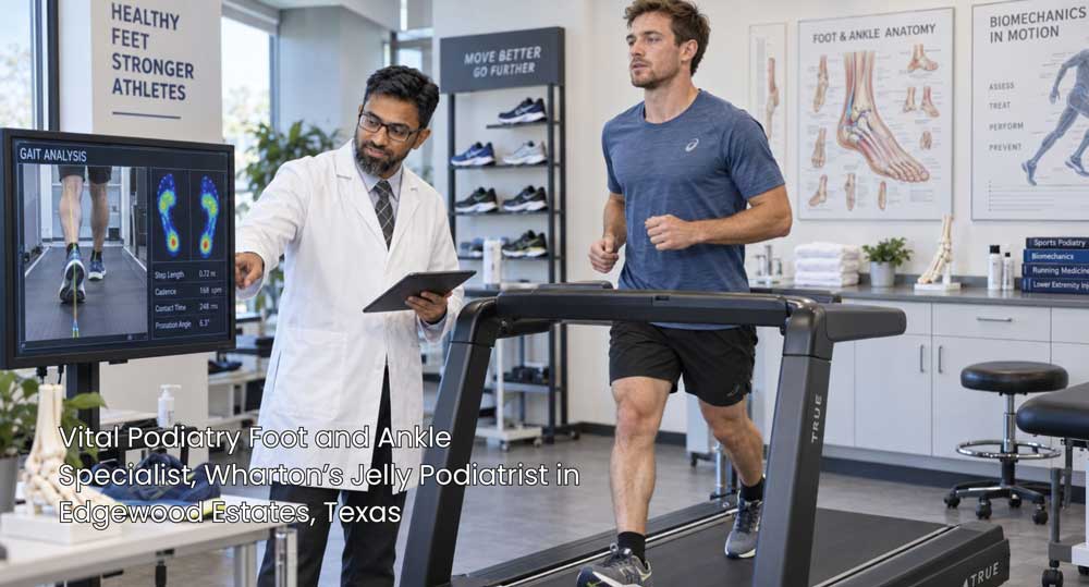 Wharton’s Jelly podiatrist Houston conducting a digital gait analysis for a runner training on a treadmill.