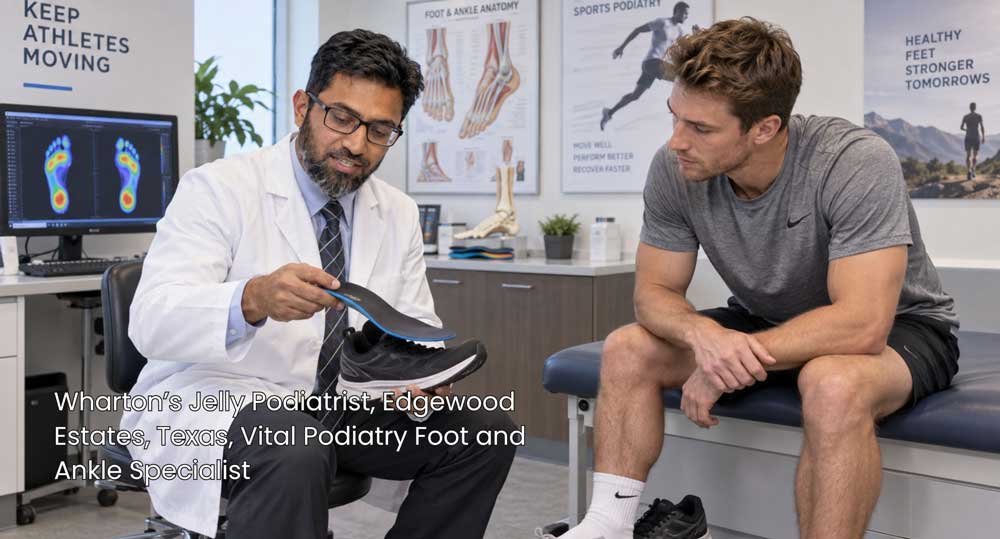 Wharton’s Jelly podiatrist Houston demonstrating custom athletic orthotics and shoe insoles to a male patient.