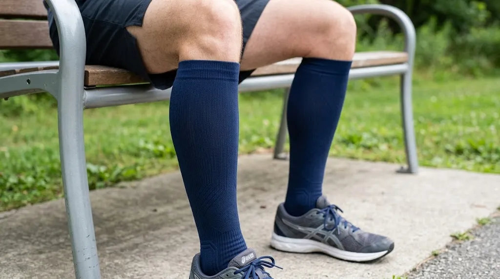 A person wearing compression socks for foot and ankle health while seated on a bench outdoors wearing sneakers.