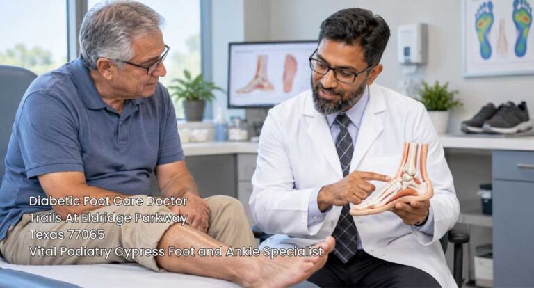 diabetic foot care doctor cypress pointing out anatomical structures on a foot model for a senior man during a exam