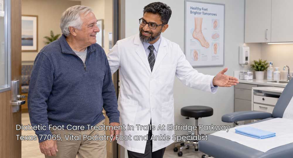 Doctor guiding a patient into an examination room for professional diabetic foot care treatment consultation.