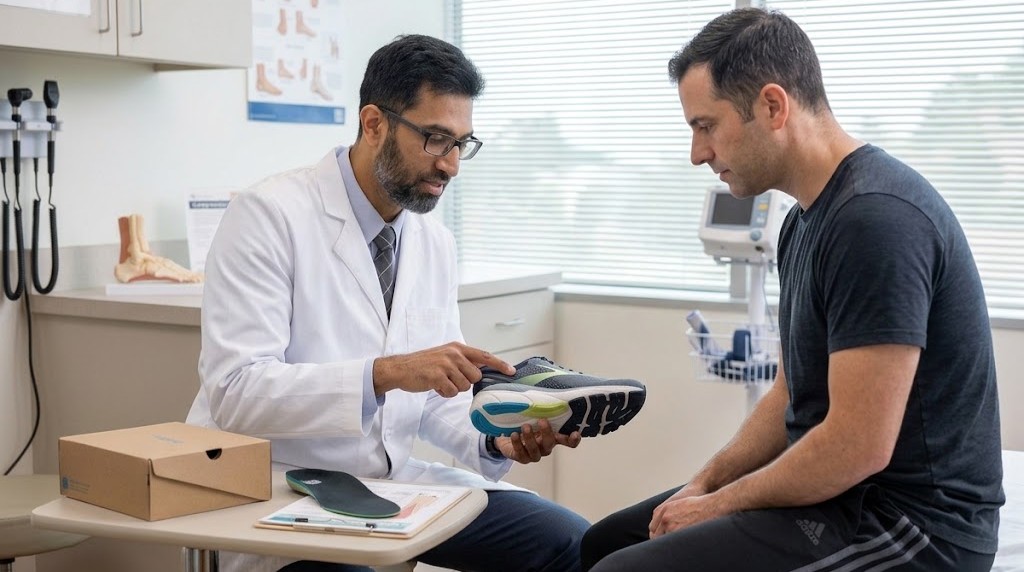 A doctor holding up a sneaker to advise a patient on finding the best shoes for treadmill running in an exam room.